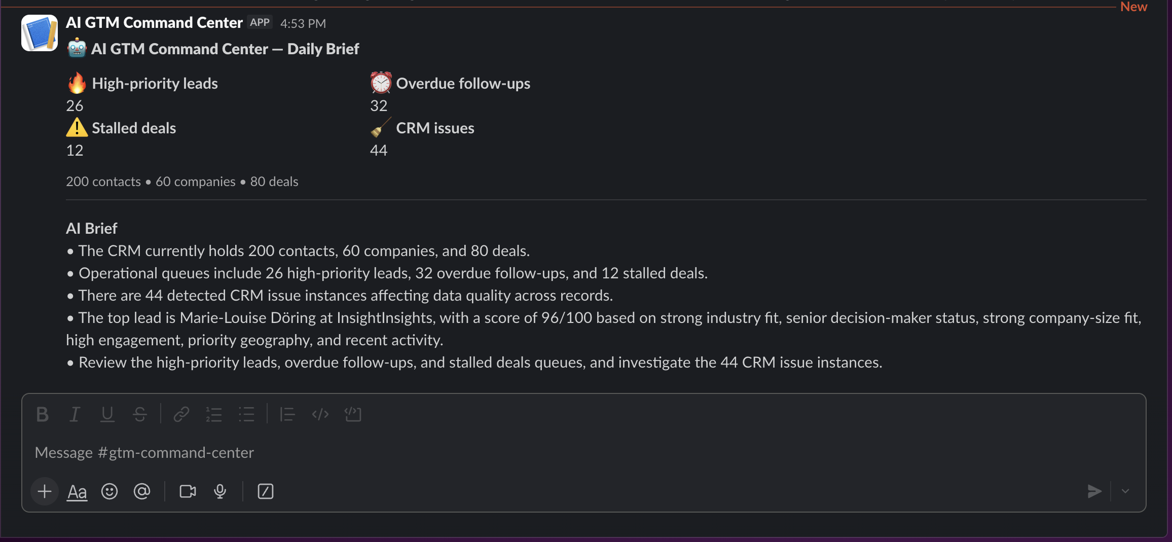 Daily GTM brief sent to Slack
