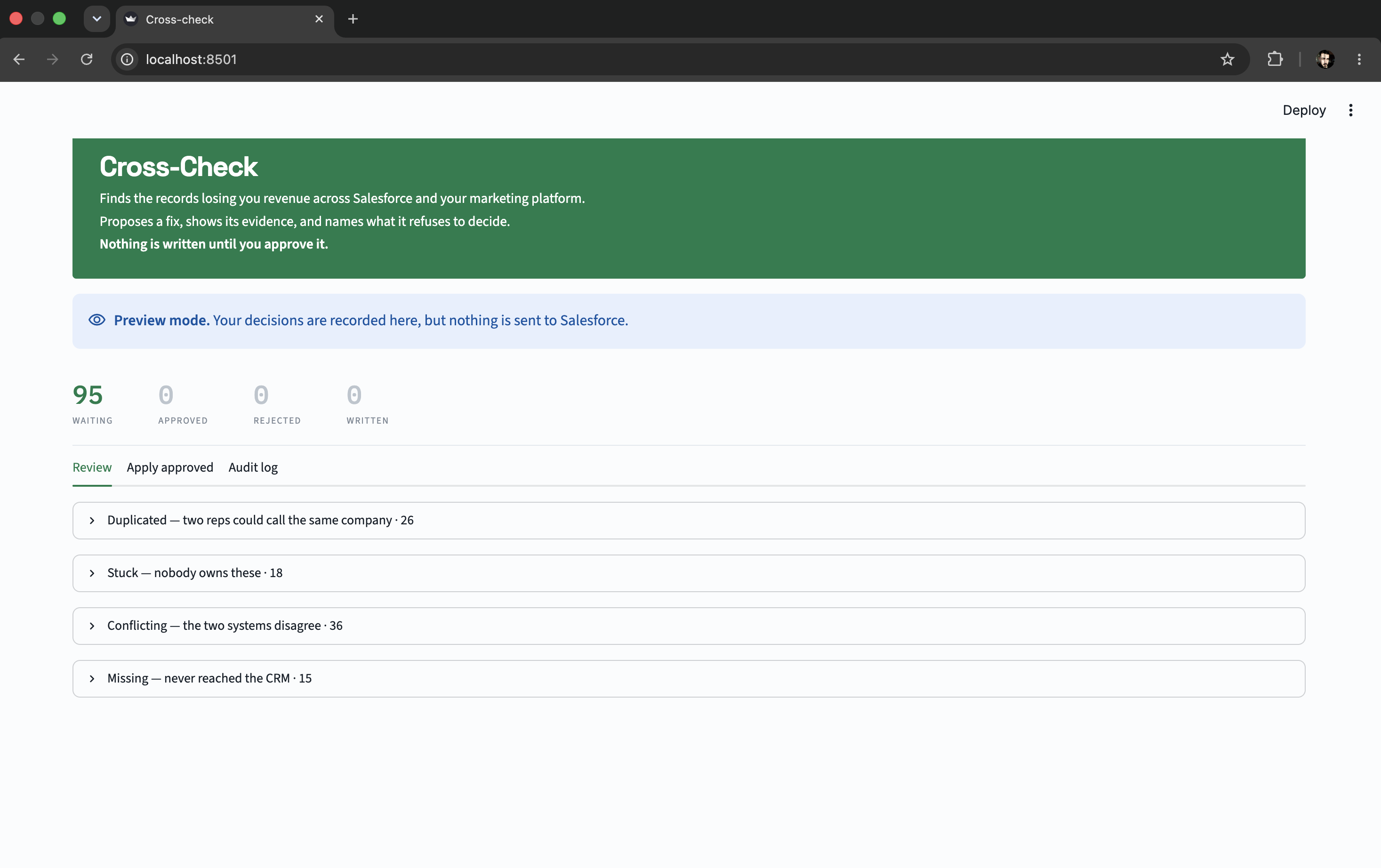 Cross-Check review queue showing 95 issues found and nothing written
