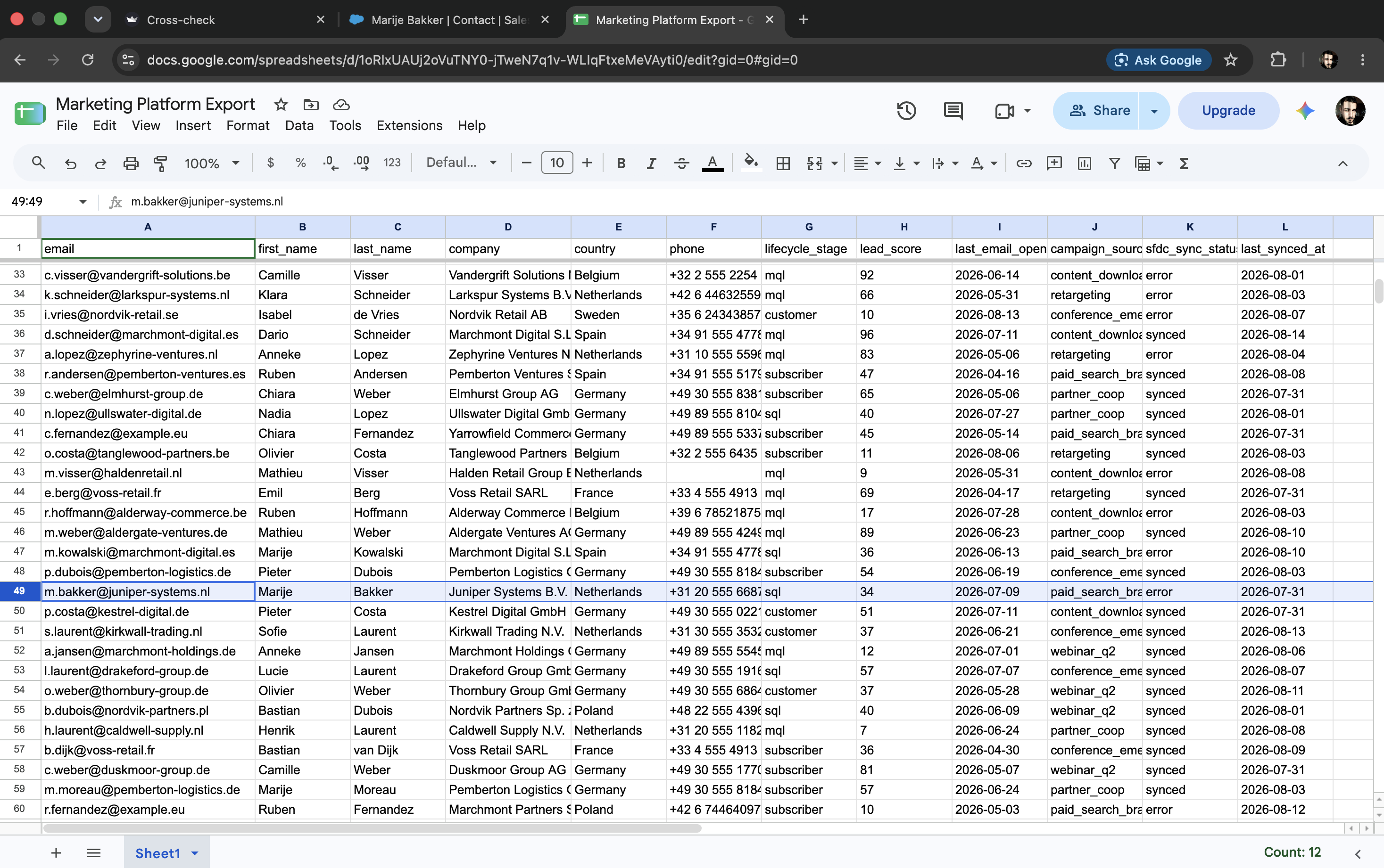 Marketing platform row showing lifecycle stage sql for the same person