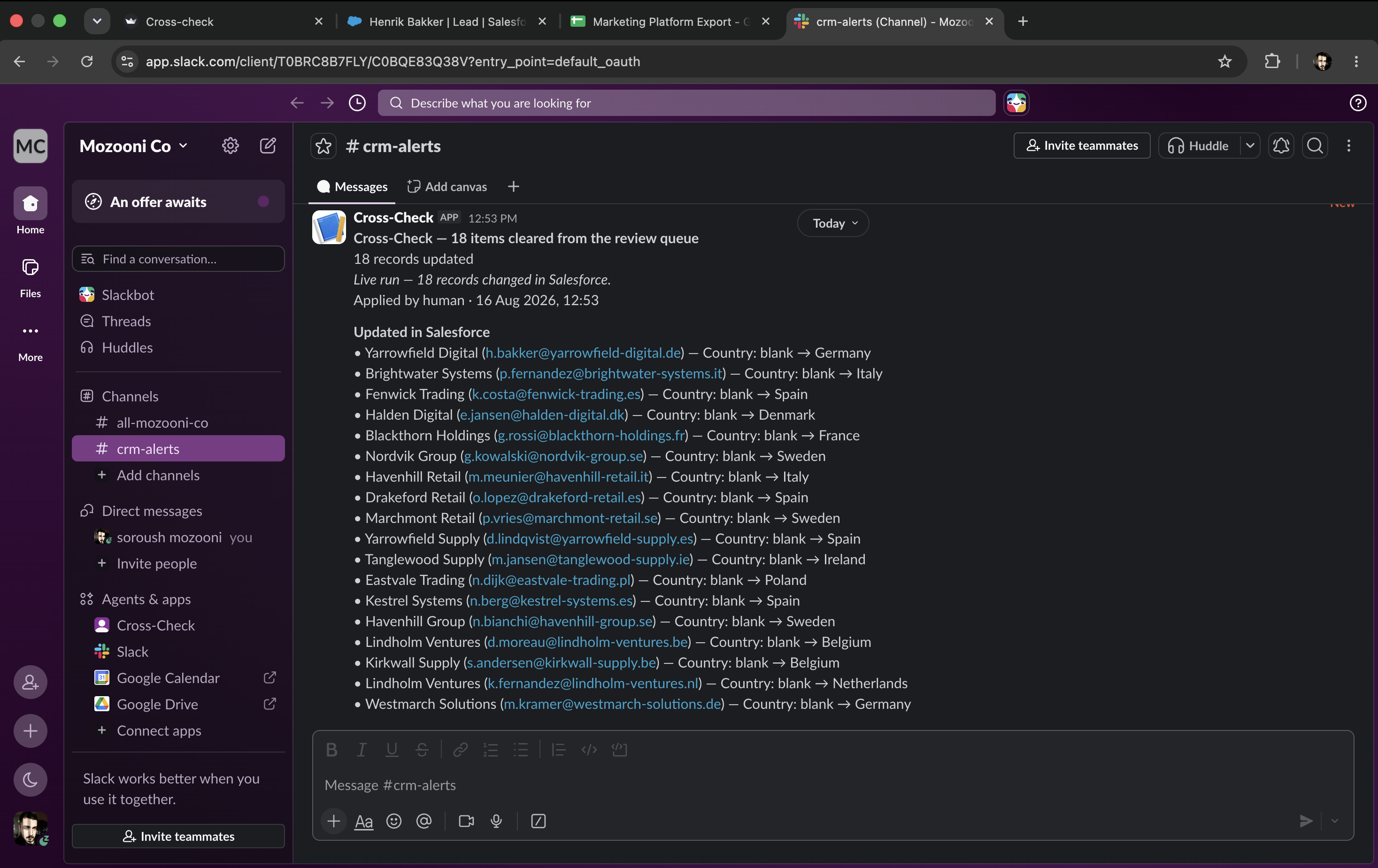 Slack digest listing 18 records updated with before and after values