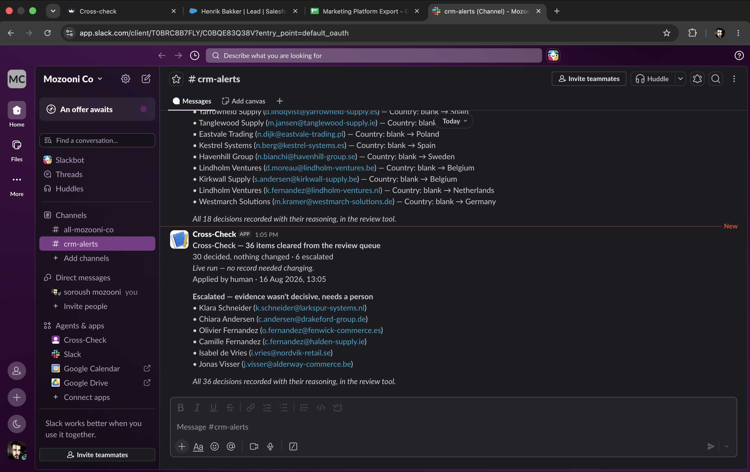 Slack digest showing 30 decided and 6 escalated with nothing written