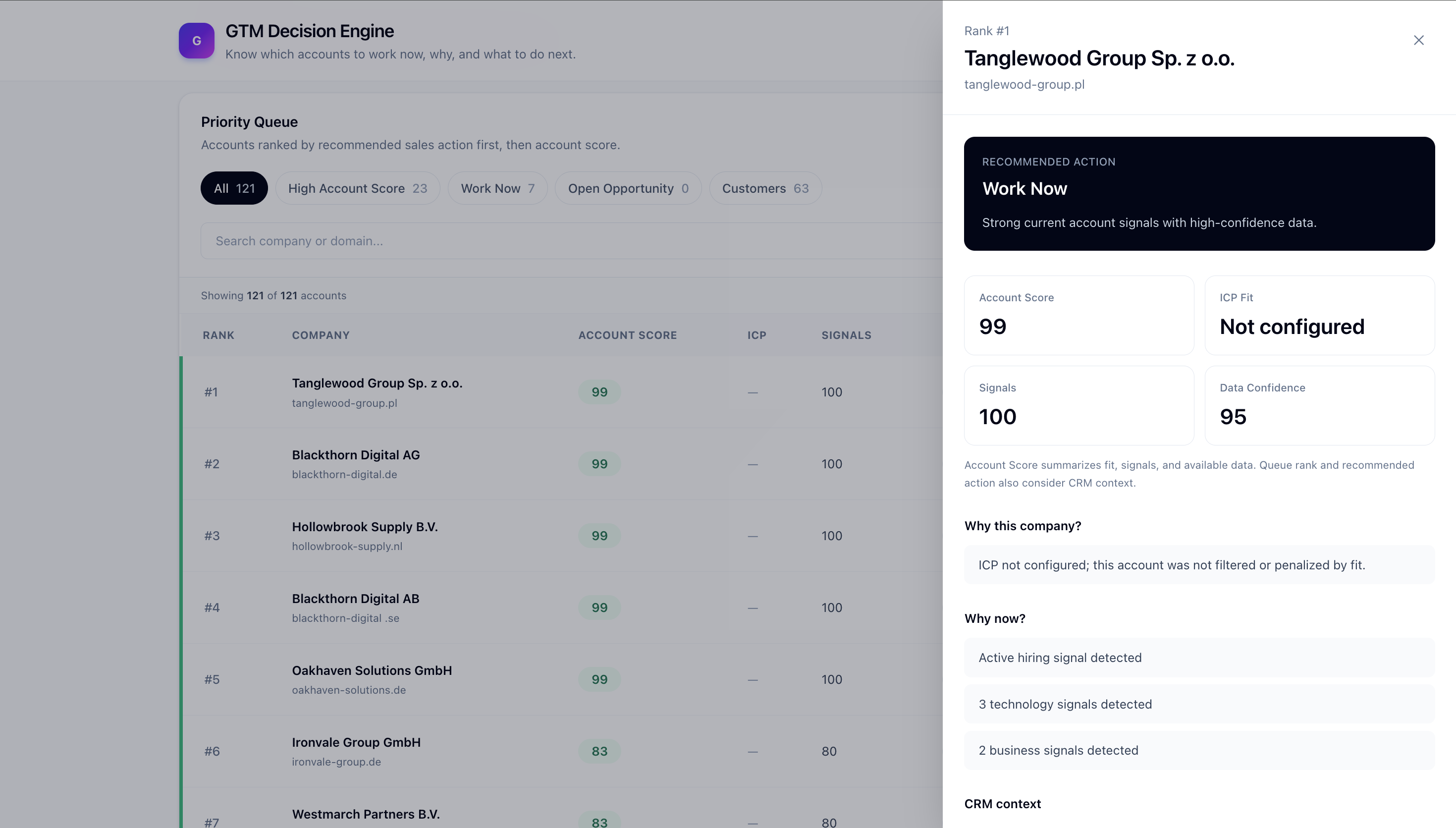 GTM Decision Engine account decision detail showing recommended action, account score, signals and data confidence