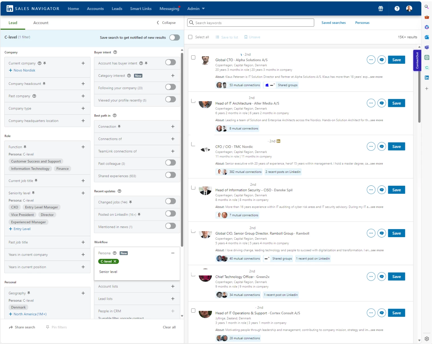 LinkedIn Sales Navigator lead search and filtering interface