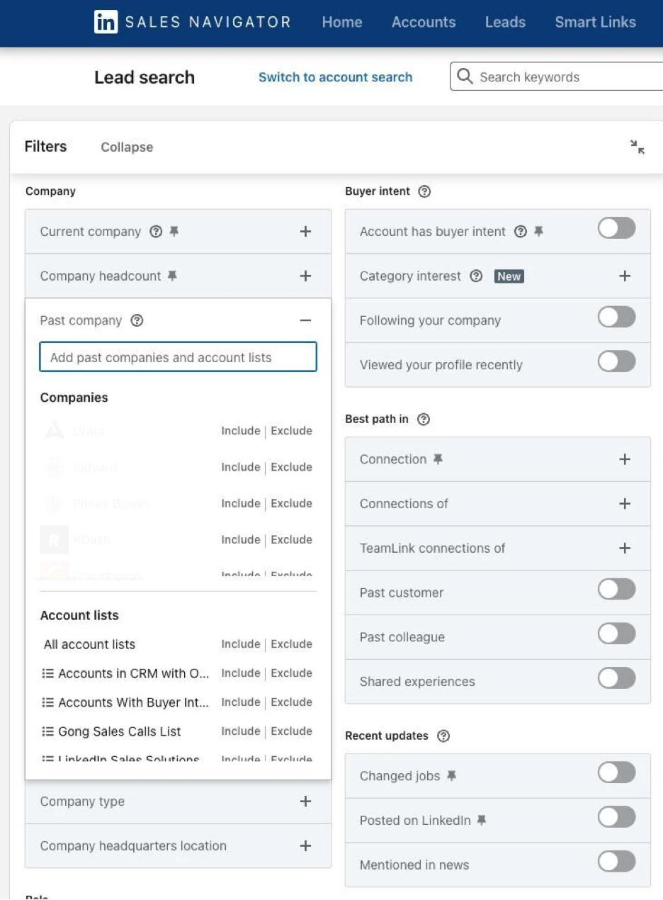 LinkedIn Sales Navigator Lead Search filters showing Best path in, Buyer intent and Recent updates